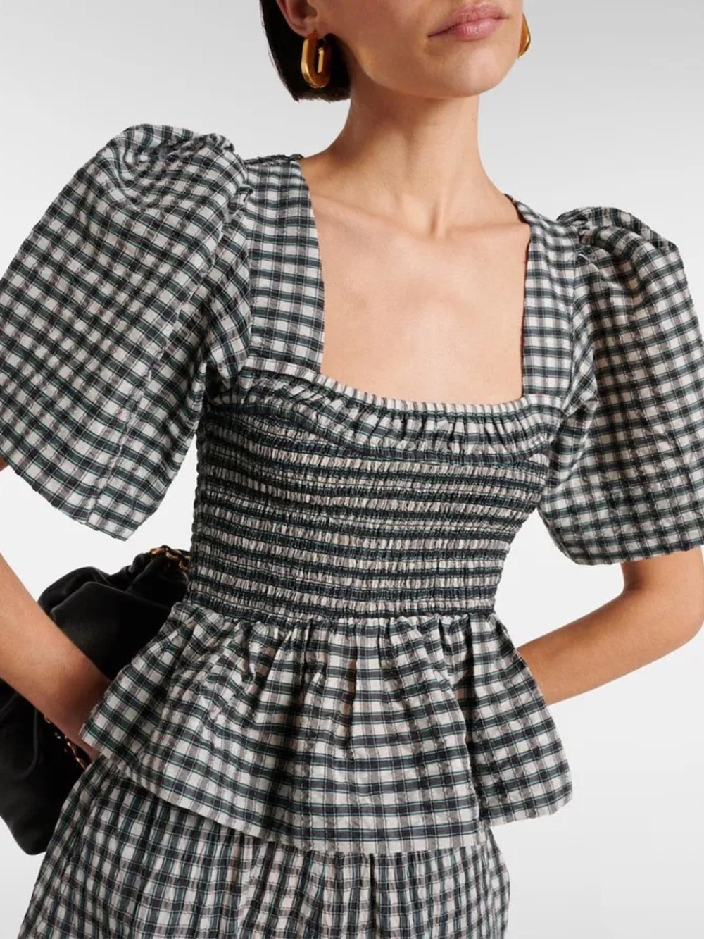 Ganni Check Seersucker Peplum Blouse